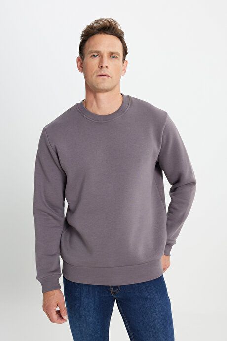 Standard Fit Regular Fit 3 Yarn Crew Neck Cotton Dark Gray Sweatshirt ET5224100049KGR