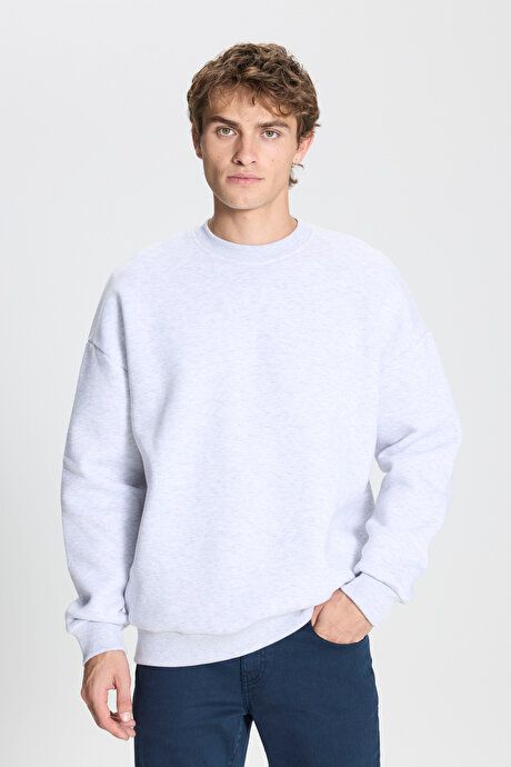 Standard Fit Regular Fit Fleece Inside 3 Yarn Crew Neck Cotton Snow Melange Sweatshirt ET5224100049KRJ