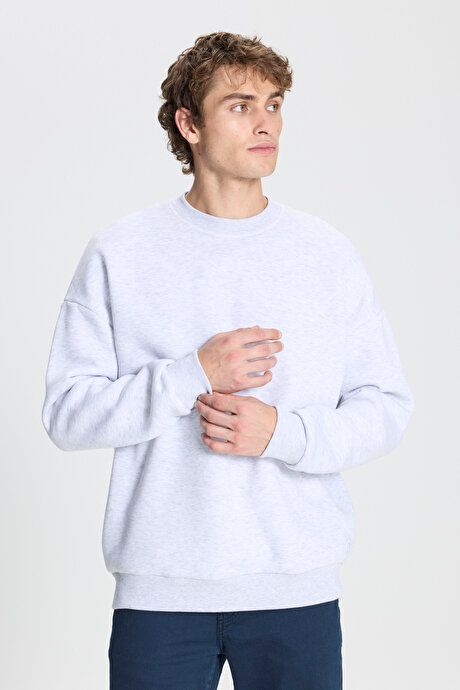 Standard Fit Regular Fit Fleece Inside 3 Yarn Crew Neck Cotton Snow Melange Sweatshirt ET5224100049KRJ