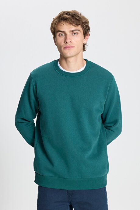 Standard Fit Regular Fit Fleece 3 Yarn Crew Neck Cotton Dark Green Sweatshirt ET5224100049KYS