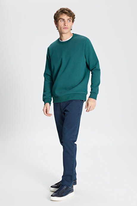 Standard Fit Regular Fit Fleece 3 Yarn Crew Neck Cotton Dark Green Sweatshirt ET5224100049KYS