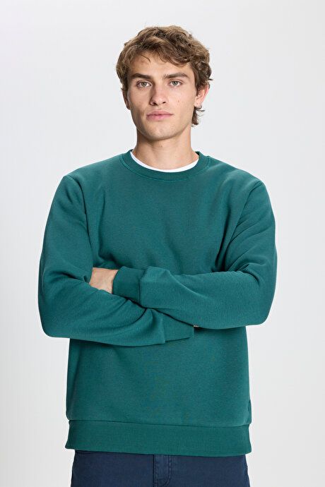 Standard Fit Regular Fit Fleece 3 Yarn Crew Neck Cotton Dark Green Sweatshirt ET5224100049KYS