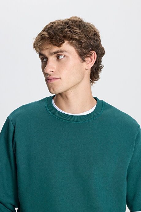 Standard Fit Regular Fit Fleece 3 Yarn Crew Neck Cotton Dark Green Sweatshirt ET5224100049KYS