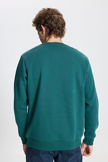 Standard Fit Regular Fit Fleece 3 Yarn Crew Neck Cotton Dark Green Sweatshirt ET5224100049KYS