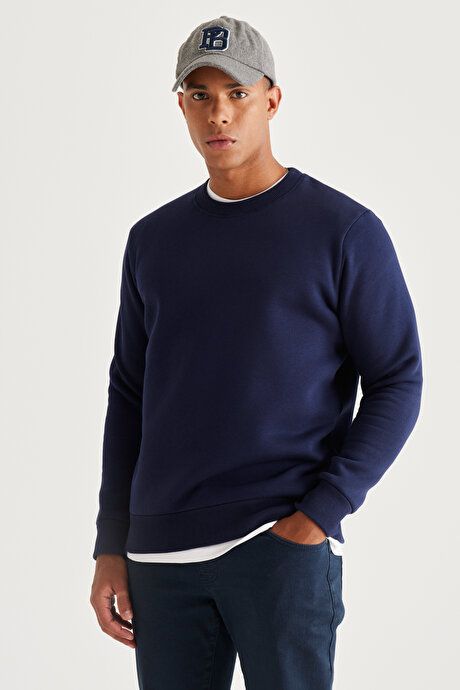 Standard Fit Regular Fit Fleece 3 Yarn Crew Neck Cotton Navy Sweatshirt ET5224100049LAC