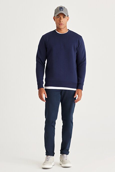 Standard Fit Regular Fit Fleece 3 Yarn Crew Neck Cotton Navy Sweatshirt ET5224100049LAC