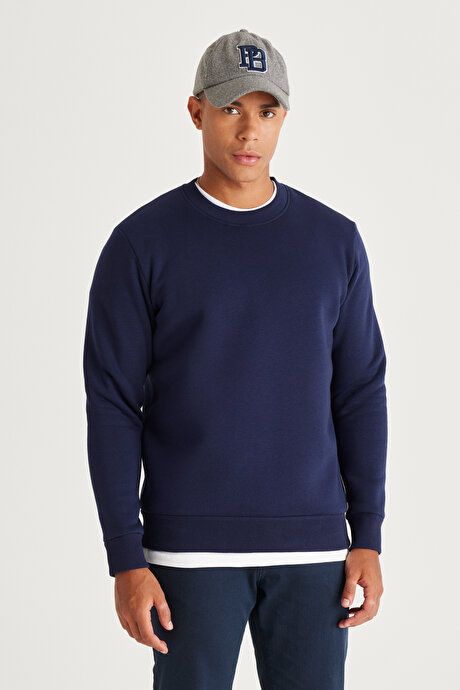 Standard Fit Regular Fit Fleece 3 Yarn Crew Neck Cotton Navy Sweatshirt ET5224100049LAC