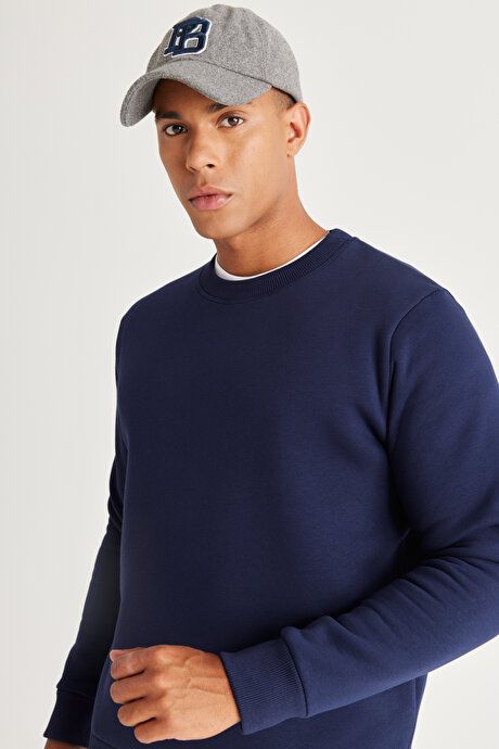 Standard Fit Regular Fit Fleece 3 Yarn Crew Neck Cotton Navy Sweatshirt ET5224100049LAC