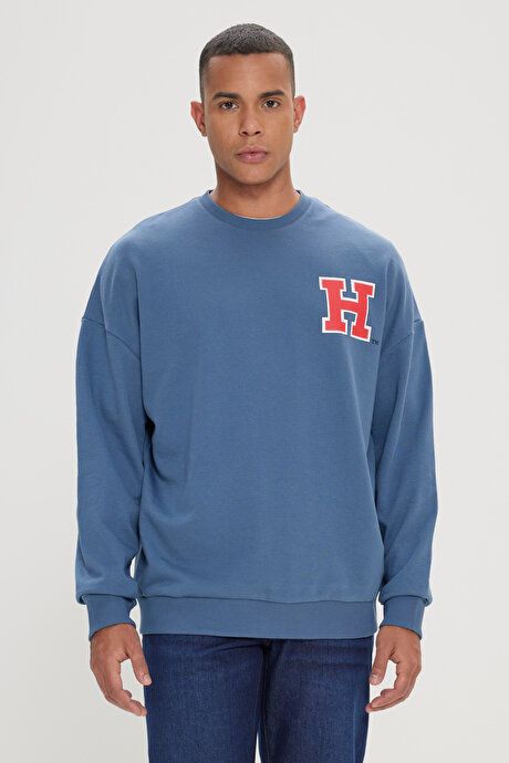 Oversize Fit Loose Fit Harvard Licensed 3 Yarn Cotton Crew Neck Indigo Sweatshirt ET5224200007IND