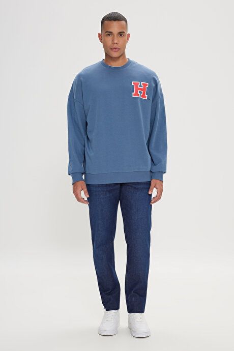 Oversize Fit Loose Fit Harvard Licensed 3 Yarn Cotton Crew Neck Indigo Sweatshirt ET5224200007IND