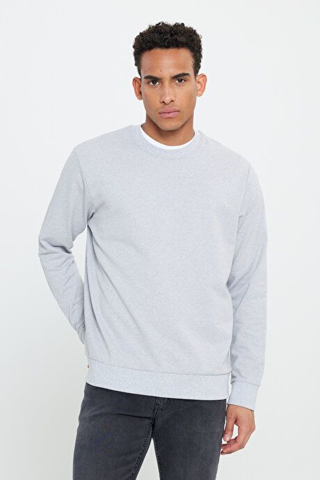 Standard Fit Regular Fit 2 Yarn Recycle Cotton Crew Neck Gray Melange Sweatshirt ET5224200011GMJ