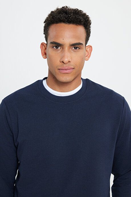 Standard Fit Regular Fit 2 Yarn Recycle Cotton Crew Neck Navy Blue Sweatshirt ET5224200011LAC