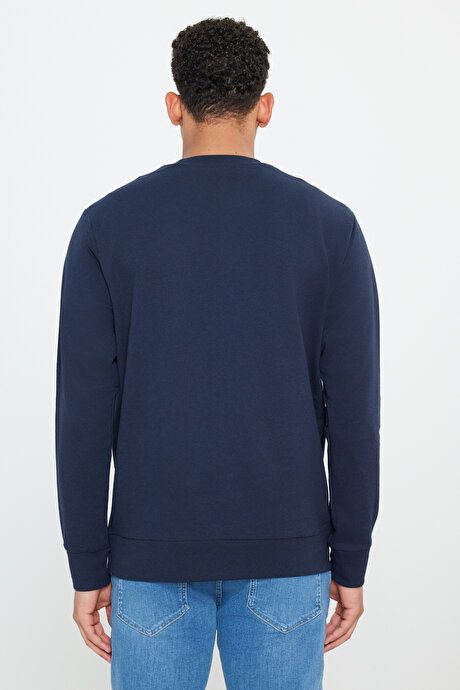 Standard Fit Regular Fit 2 Yarn Recycle Cotton Crew Neck Navy Blue Sweatshirt ET5224200011LAC