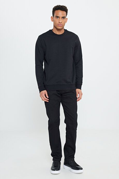 Standard Fit Regular Fit 2 Yarn Recycle Cotton Crew Neck Black Sweatshirt ET5224200011SYH