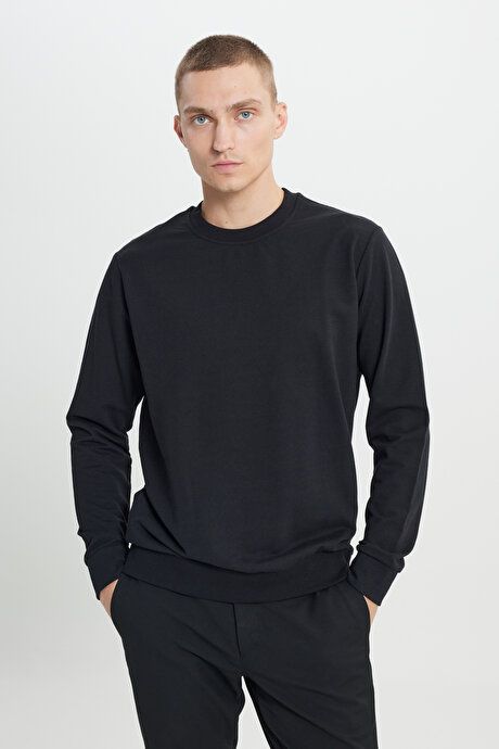 Standard Fit Regular Fit 2 Yarn Recycle Cotton Crew Neck Black Sweatshirt ET5224200011SYH