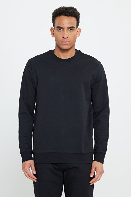 Standard Fit Regular Fit 2 Yarn Recycle Cotton Crew Neck Black Sweatshirt ET5224200011SYH