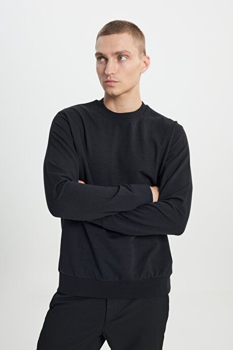 Standard Fit Regular Fit 2 Yarn Recycle Cotton Crew Neck Black Sweatshirt ET5224200011SYH