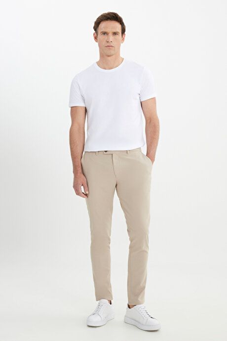 Slim Fit Italian Cut Stretchy Casual Beige Trousers with Side Pockets ETE001252257BEJ