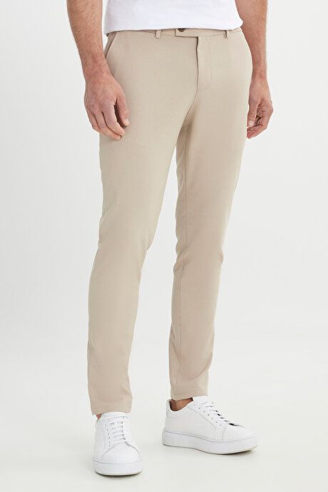 Slim Fit Italian Cut Stretchy Casual Beige Trousers with Side Pockets ETE001252257BEJ