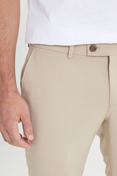 Slim Fit Italian Cut Stretchy Casual Beige Trousers with Side Pockets ETE001252257BEJ