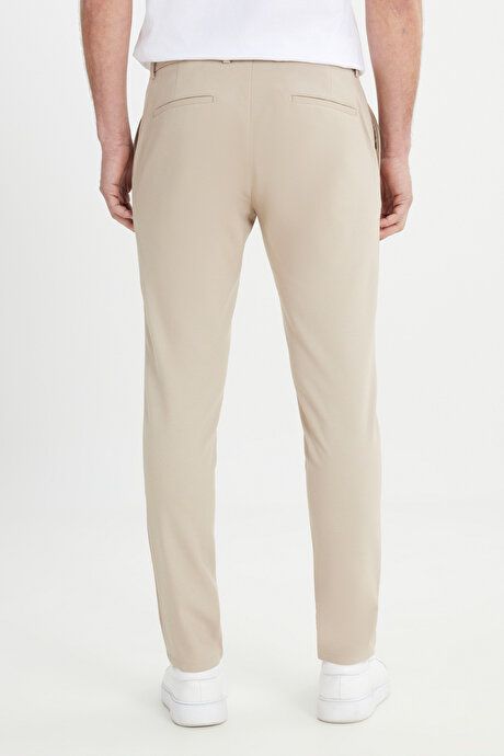 Slim Fit Italian Cut Stretchy Casual Beige Trousers with Side Pockets ETE001252257BEJ