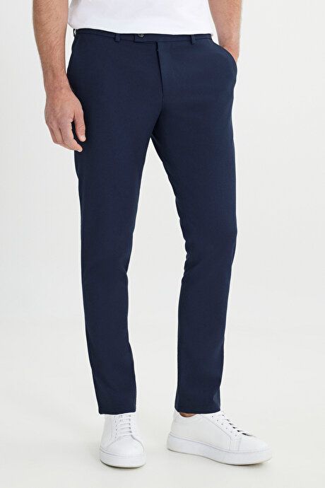 Slim Fit Italian Cut Stretchy Casual Navy Blue Trousers with Side Pockets ETE001252257LAC