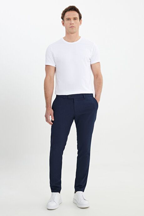 Slim Fit Italian Cut Stretchy Casual Navy Blue Trousers with Side Pockets ETE001252257LAC