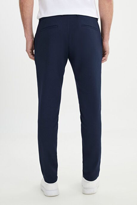 Slim Fit Italian Cut Stretchy Casual Navy Blue Trousers with Side Pockets ETE001252257LAC