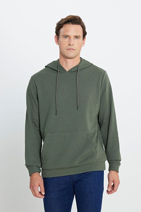 2 Yarn Warm Standard Fit Regular Fit Hooded Textured Pocket Khaki Sweatshirt ETE052251011HAK