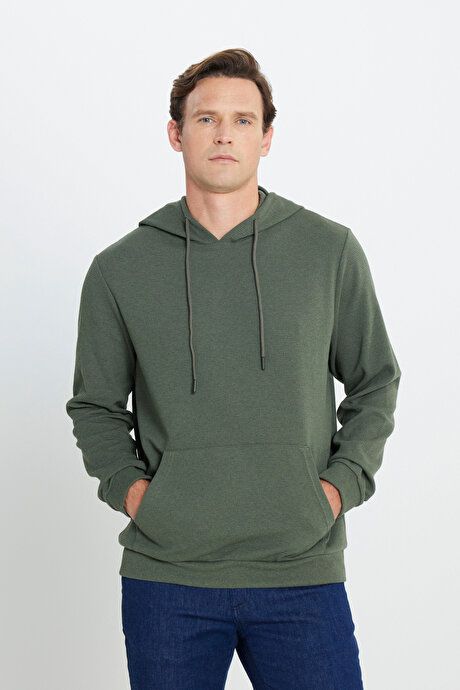 2 Yarn Warm Standard Fit Regular Fit Hooded Textured Pocket Khaki Sweatshirt ETE052251011HAK