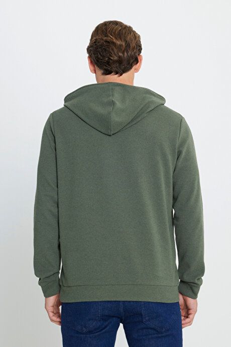 2 Yarn Warm Standard Fit Regular Fit Hooded Textured Pocket Khaki Sweatshirt ETE052251011HAK