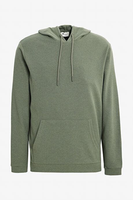 2 Yarn Warm Standard Fit Regular Fit Hooded Textured Pocket Khaki Sweatshirt ETE052251011HAK