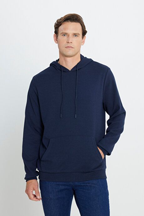 2 Yarn Warm Standard Fit Regular Fit Hooded Navy Blue Sweatshirt with Textured Pockets ETE052251011LAC