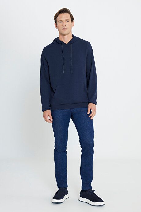 2 Yarn Warm Standard Fit Regular Fit Hooded Navy Blue Sweatshirt with Textured Pockets ETE052251011LAC