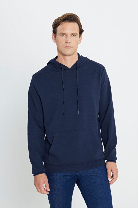 2 Yarn Warm Standard Fit Regular Fit Hooded Navy Blue Sweatshirt with Textured Pockets ETE052251011LAC