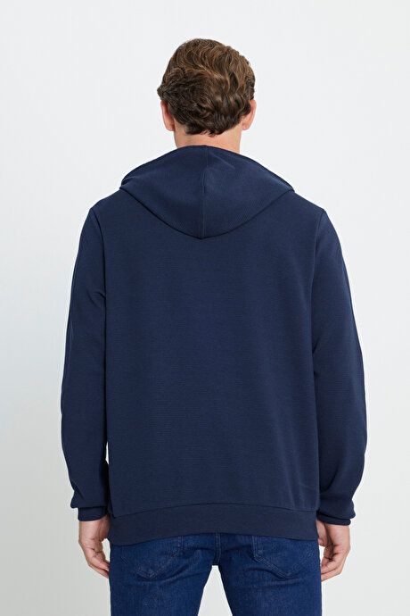 2 Yarn Warm Standard Fit Regular Fit Hooded Navy Blue Sweatshirt with Textured Pockets ETE052251011LAC