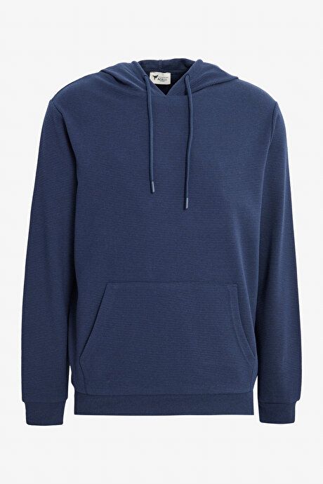 2 Yarn Warm Standard Fit Regular Fit Hooded Navy Blue Sweatshirt with Textured Pockets ETE052251011LAC