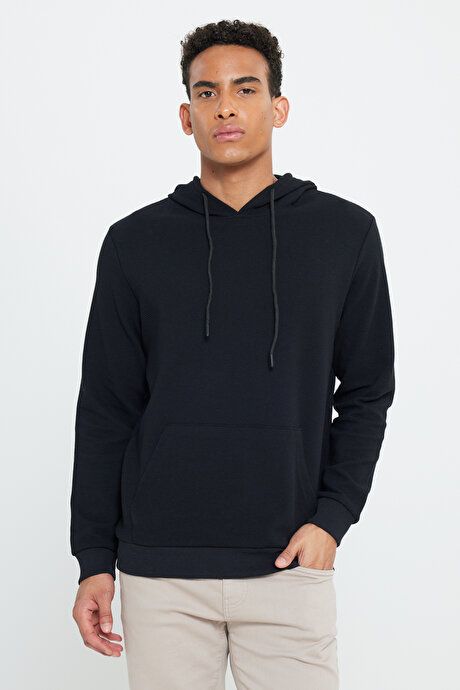 2 Yarn Warm Standard Fit Regular Fit Hooded Black Sweatshirt with Textured Pockets ETE052251011SYH