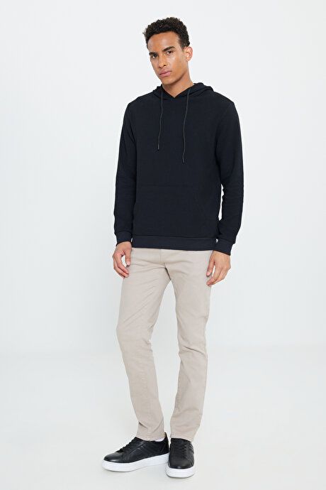 2 Yarn Warm Standard Fit Regular Fit Hooded Black Sweatshirt with Textured Pockets ETE052251011SYH