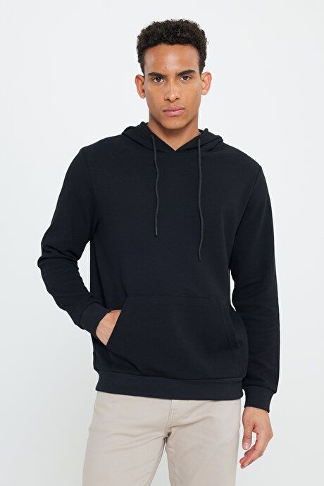 2 Yarn Warm Standard Fit Regular Fit Hooded Black Sweatshirt with Textured Pockets ETE052251011SYH