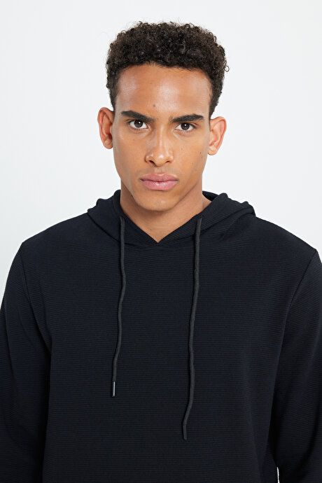 2 Yarn Warm Standard Fit Regular Fit Hooded Black Sweatshirt with Textured Pockets ETE052251011SYH