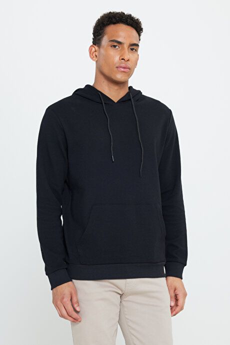 2 Yarn Warm Standard Fit Regular Fit Hooded Black Sweatshirt with Textured Pockets ETE052251011SYH