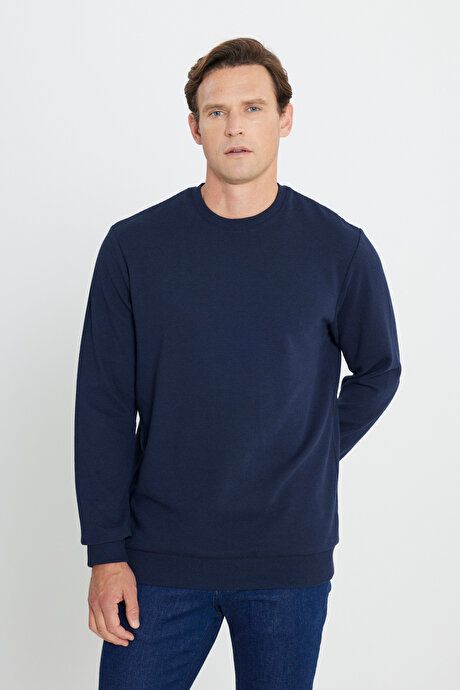 2 Yarn Warm Standard Fit Regular Fit Crew-Neck Textured Navy Sweatshirt ETE052251012LAC