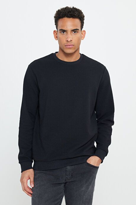 2 Yarn Warm Standard Fit Regular Fit Crew Neck Textured Black Sweatshirt ETE052251012SYH