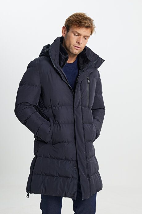 Standard Fit Regular Fit Regular Fit Pullover Hood Stand Up Collar Navy Blue Coat with Side Pockets ETE07252510037LAC