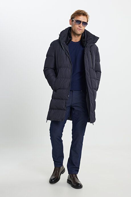 Standard Fit Regular Fit Regular Fit Pullover Hood Stand Up Collar Navy Blue Coat with Side Pockets ETE07252510037LAC