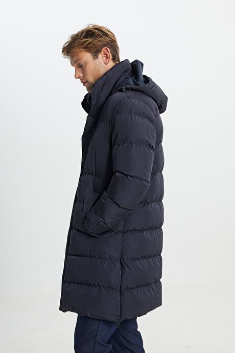 Standard Fit Regular Fit Regular Fit Pullover Hood Stand Up Collar Navy Blue Coat with Side Pockets ETE07252510037LAC