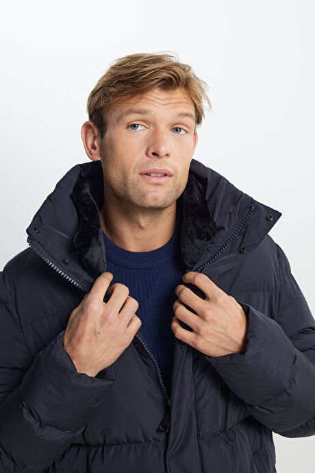 Standard Fit Regular Fit Regular Fit Pullover Hood Stand Up Collar Navy Blue Coat with Side Pockets ETE07252510037LAC