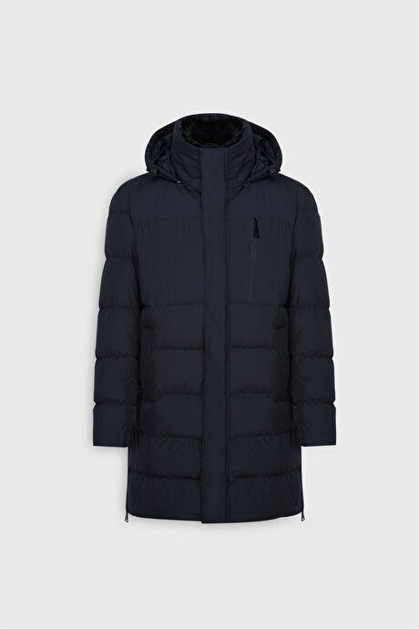 Standard Fit Regular Fit Regular Fit Pullover Hood Stand Up Collar Navy Blue Coat with Side Pockets ETE07252510037LAC