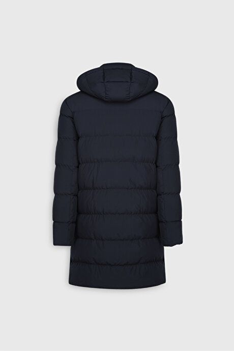 Standard Fit Regular Fit Regular Fit Pullover Hood Stand Up Collar Navy Blue Coat with Side Pockets ETE07252510037LAC